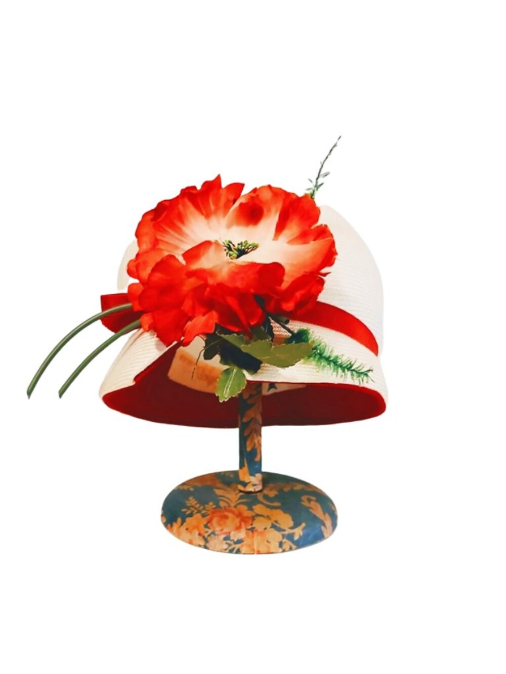 Vintage 1960s Designer White Bubble Cloche Hat With A Large Red Flower Front